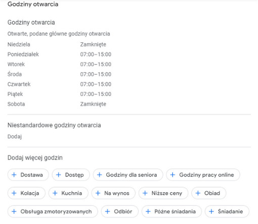 Zrzut ekranu z miejsca gdzie uzupełniamy godziny otwarcia