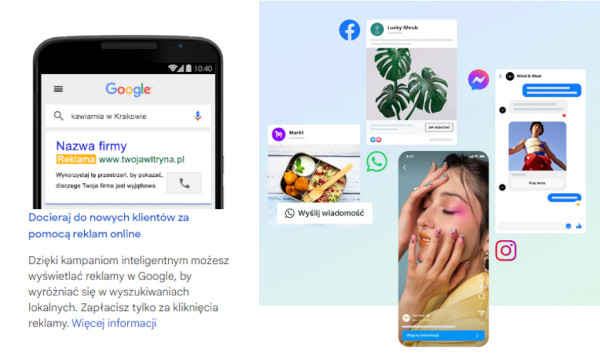 Grafiki promocyjne usług Google Ads i Facebook Ads