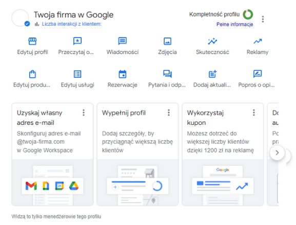 Zrzut ekranu z administracji wizytówką Profil Firmy w Google