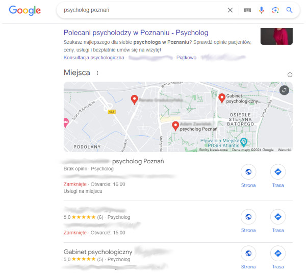 Zrzut wyników z map Google na frazę "firma przeprowadzkowa"