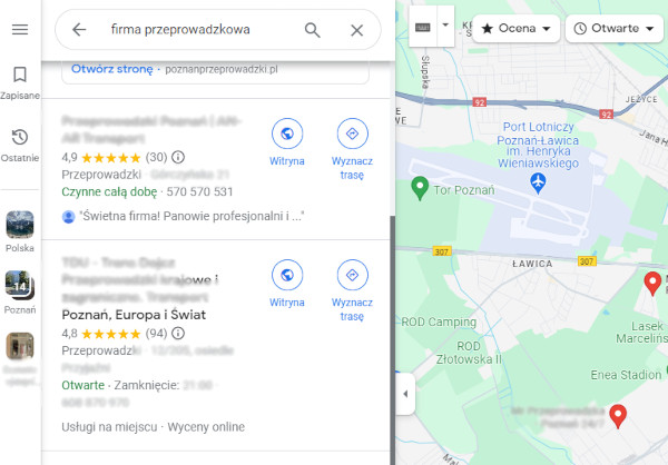 Zrzut wyników z map Google na frazę "firma przeprowadzkowa"